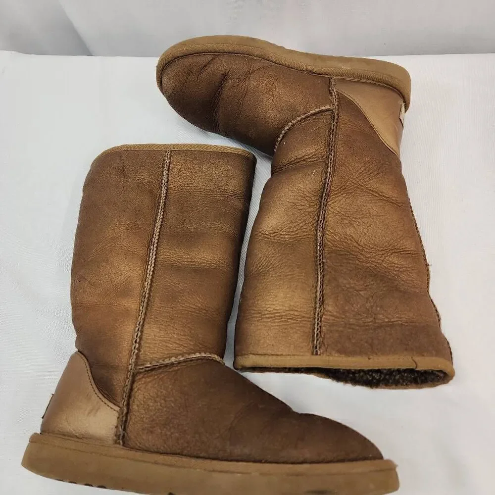 UGG Australia Size 7 Classic Tall Suede Metallic Bronze Sheepskin Boots